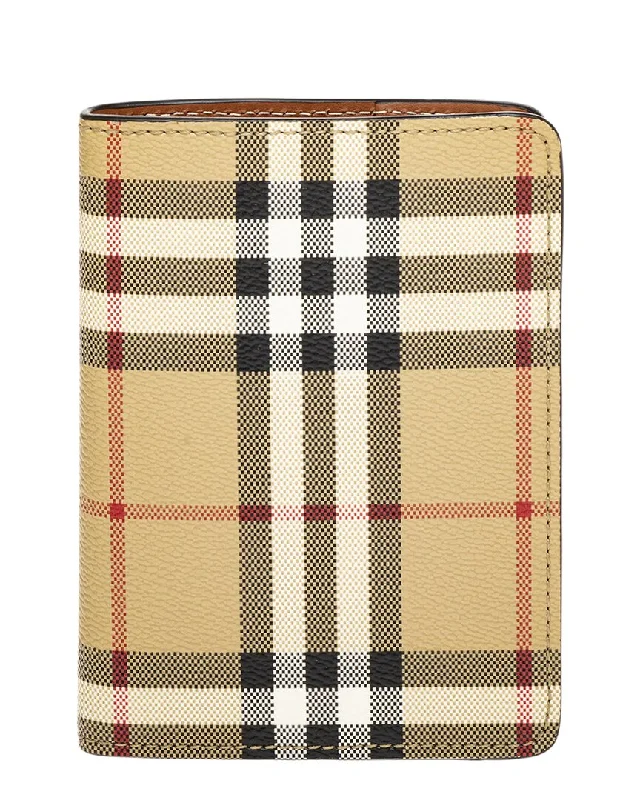 Keychains with sleek straps-Burberry Check E-Canvas & Leather Passport Holder