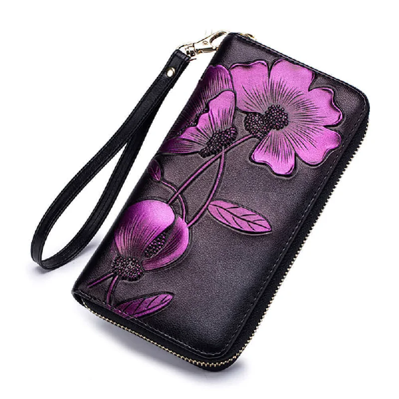 Wallets for outdoor adventures-Elegant Floral Embossed RFID Women’s Wallet NZ – Handcrafted Leather