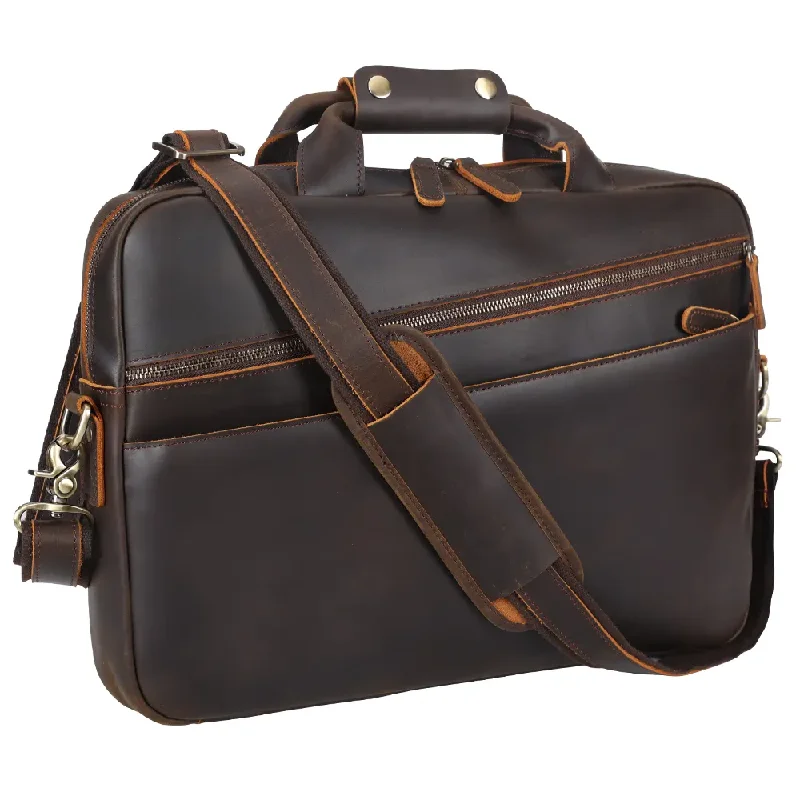 Briefcase with quick-release locks-Leather Briefcase Messenger Business Bag for 15.6” Laptop - Dark Brown