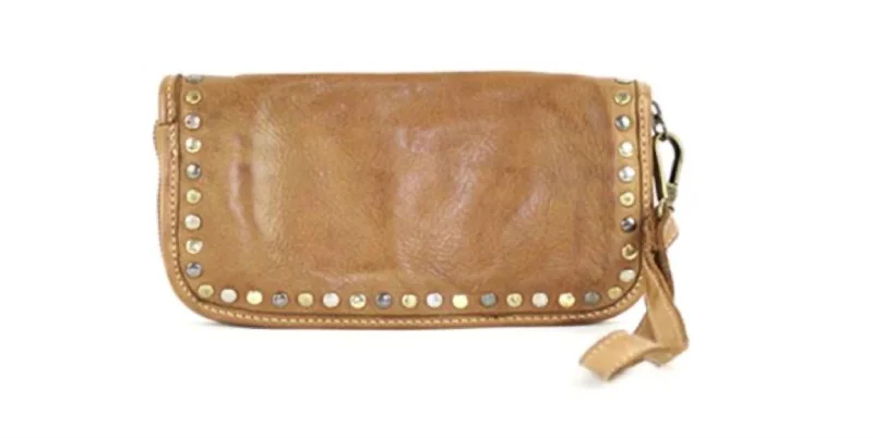 Wallets with trendy vibes-Leather Studded Zip Around Wallet In Cognac