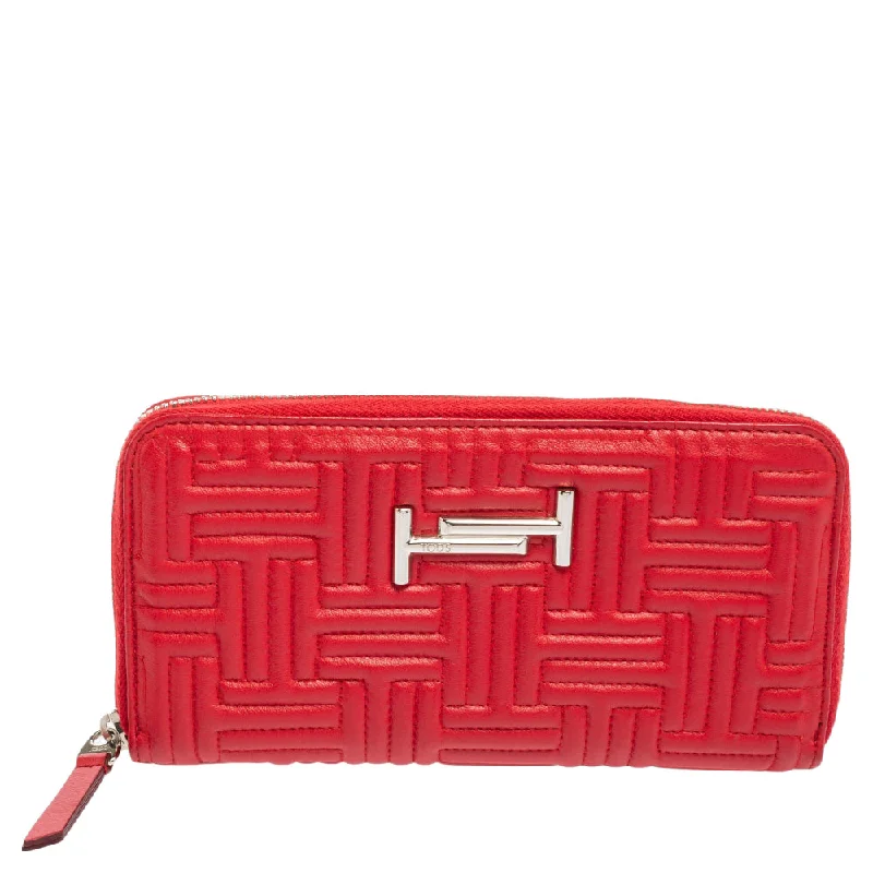 Keychains with fun textures-Tod's Red Leather Double T Zip Around Continental Wallet..