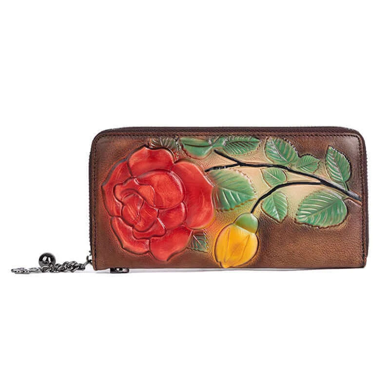 Keychains with shiny hooks-Vintage Embossed Leather Long Wallet for Women