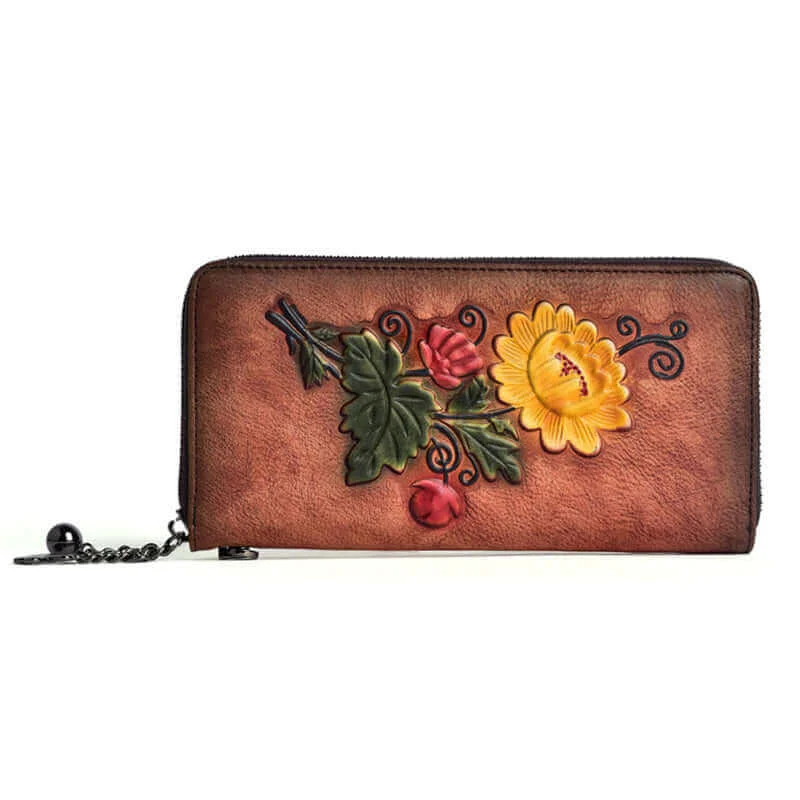 Keychains with unique shapes-Vintage Embossed Leather Wallet with Wrist Strap for Women