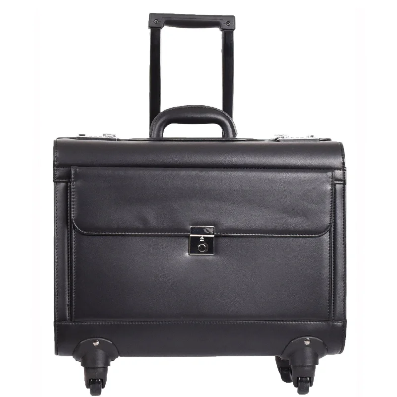 Suitcase for urban commuting-4 Wheel Spinner Leather Pilot Case Flight Carry on Cabin Bag HOL966 Black