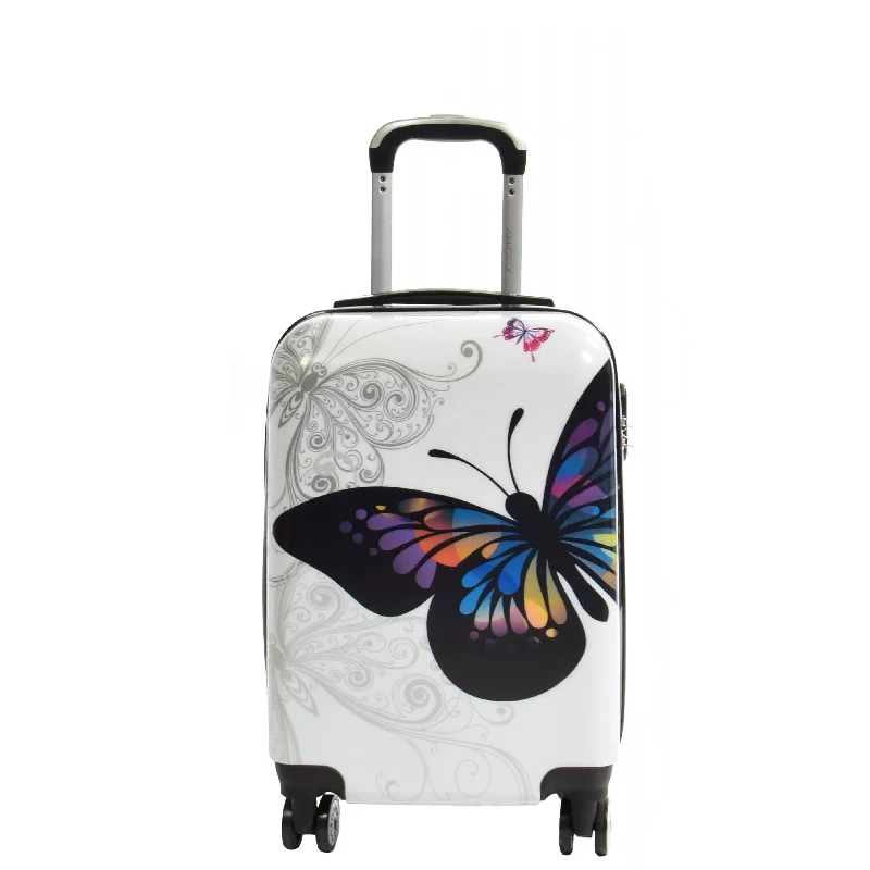 Suitcase with large zippers-Cabin Size Butterfly Print Hard Shell Four Wheel Luggage