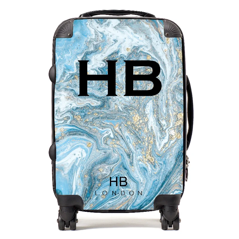 Suitcase with sturdy handles-Personalised Blue and Gold Marble with Black Font Initial Suitcase