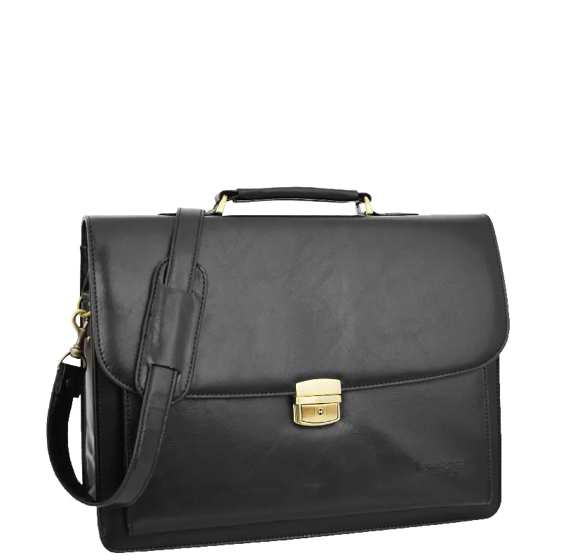 Briefcase with large capacities-Mens Faux Leather Flap Over Briefcase Windsor Black