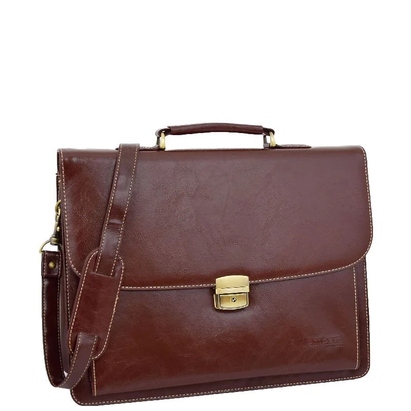 Briefcase for team gear-Mens Faux Leather Flap Over Briefcase Windsor Brown