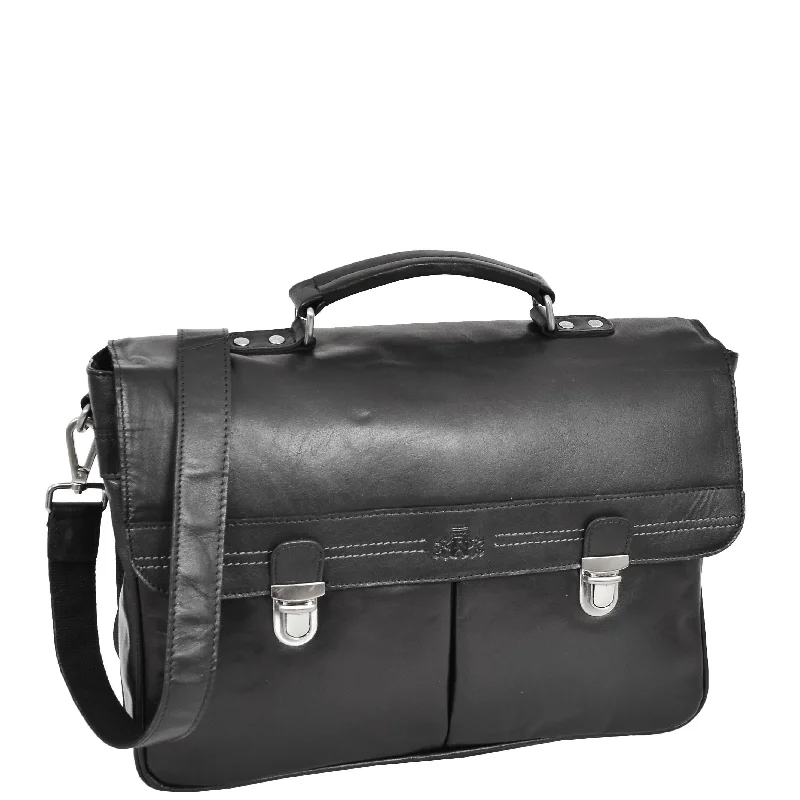 Briefcase for office accessories-Mens Leather Briefcase Cross Body Satchel Bag Clinton Black