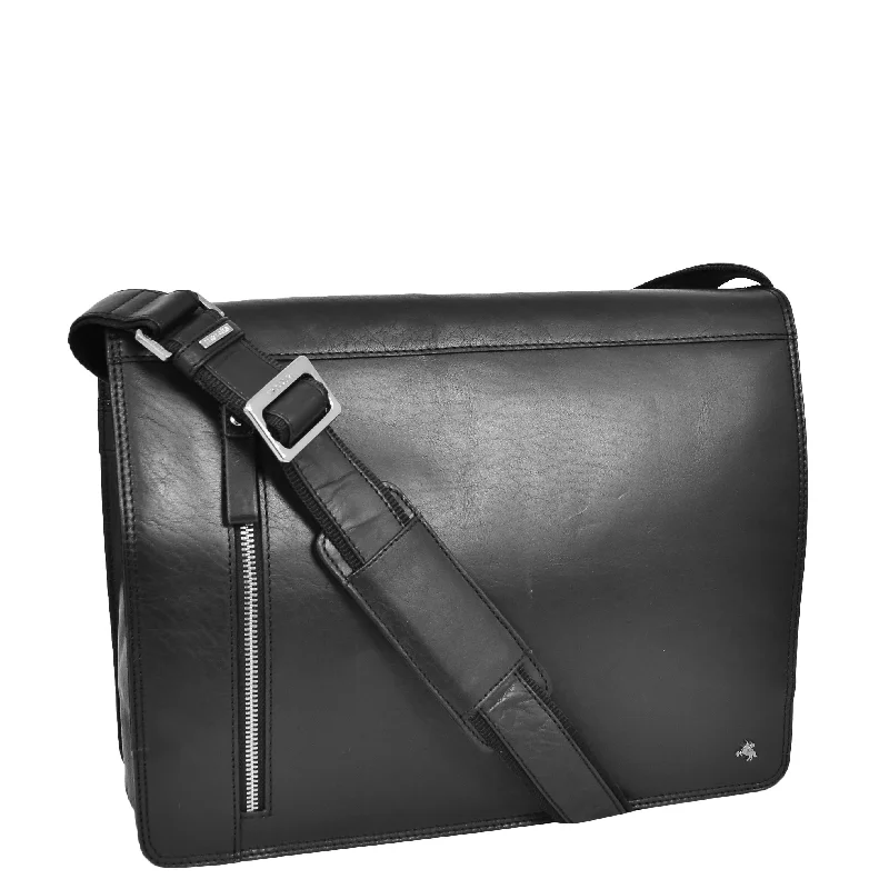 Messenger bag with wide straps-Mens Leather Cross Body Messenger Satchel Bag Hector Black