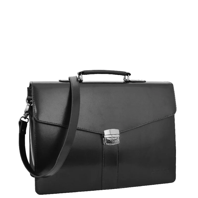 Briefcase with reflective straps-Mens Leather Flap Over Briefcase Dunkirk Black