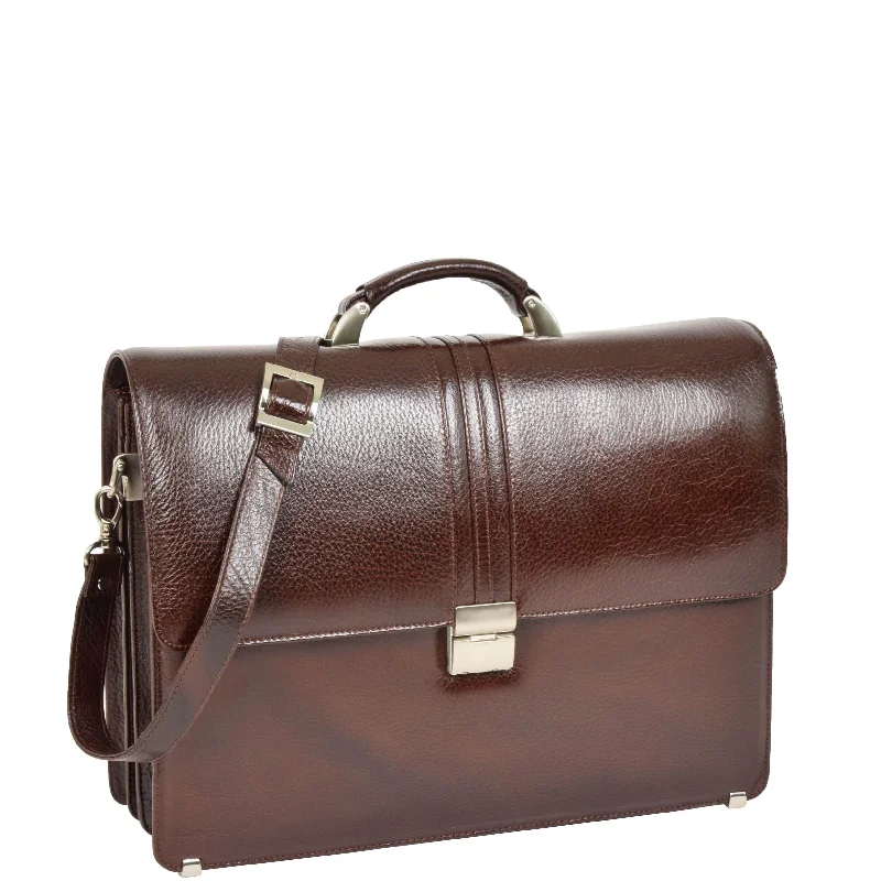 Briefcase with thick straps-Mens Real Leather Briefcase Classic Bag Organiser CARTER Brown