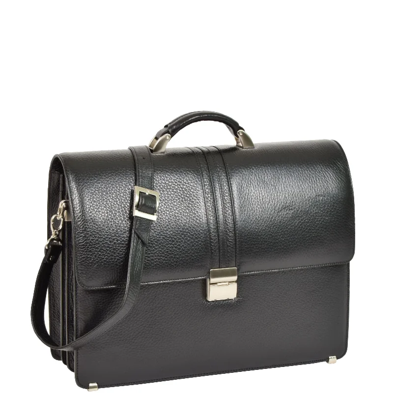 Briefcase for tech gear-Mens Real Leather Briefcase Classic Bag Organiser CARTER Black