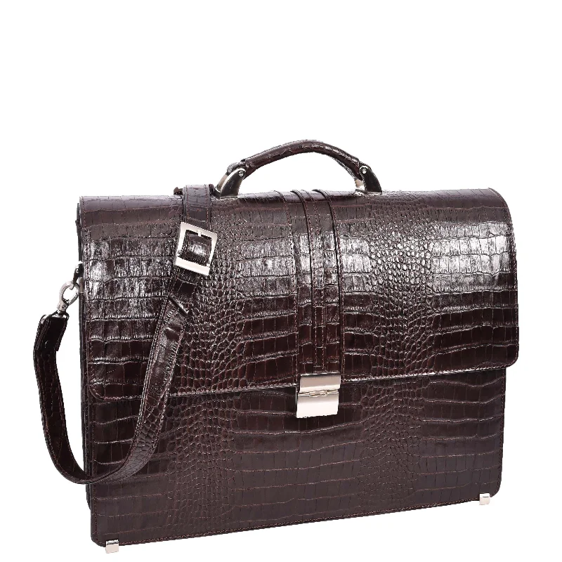 Briefcase for campus use-Mens Real Leather Croc-Print Briefcase Classic Bag Organiser Messenger Carter Brown