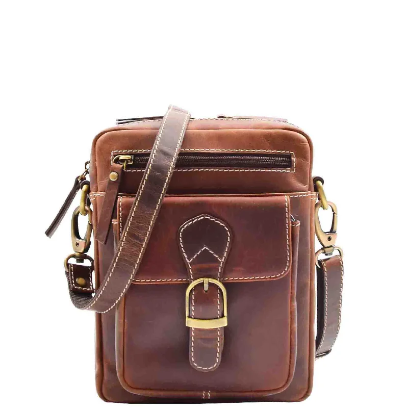 Messenger bag with strong straps-Mens Real Leather Cross Body Messenger Bag TRENTON Brown