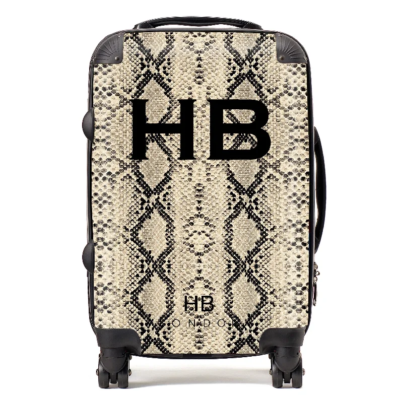 Suitcase for adventure travel-Personalised Beige Snake Skin Print with Black Font Initial Suitcase