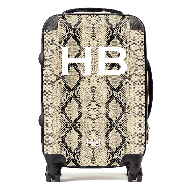 Suitcase with retro design-Personalised Beige Snake Skin Print with White Font Initial Suitcase