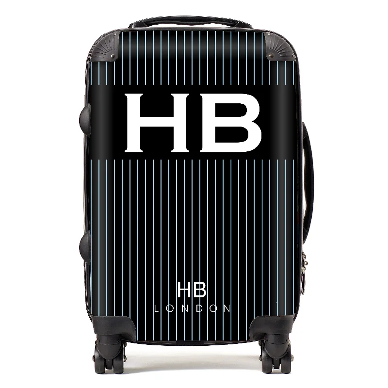 Suitcase with multiple straps-Personalised Black and Blue Pinstripe with White Font Initial Suitcase