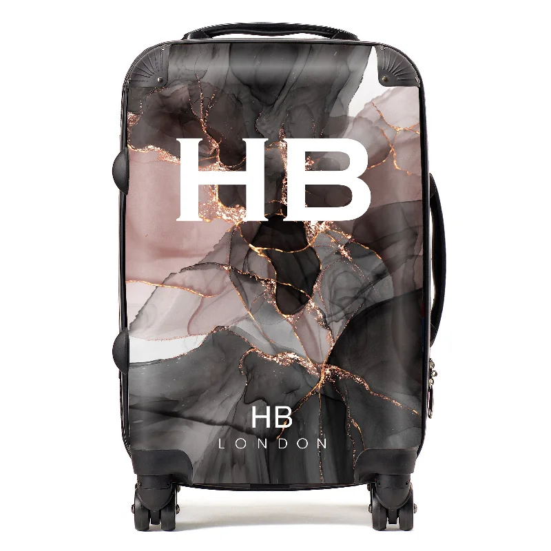 Suitcase with water-resistant shell-Personalised Black and Dusky Ink Marble with White Font Initial Suitcase