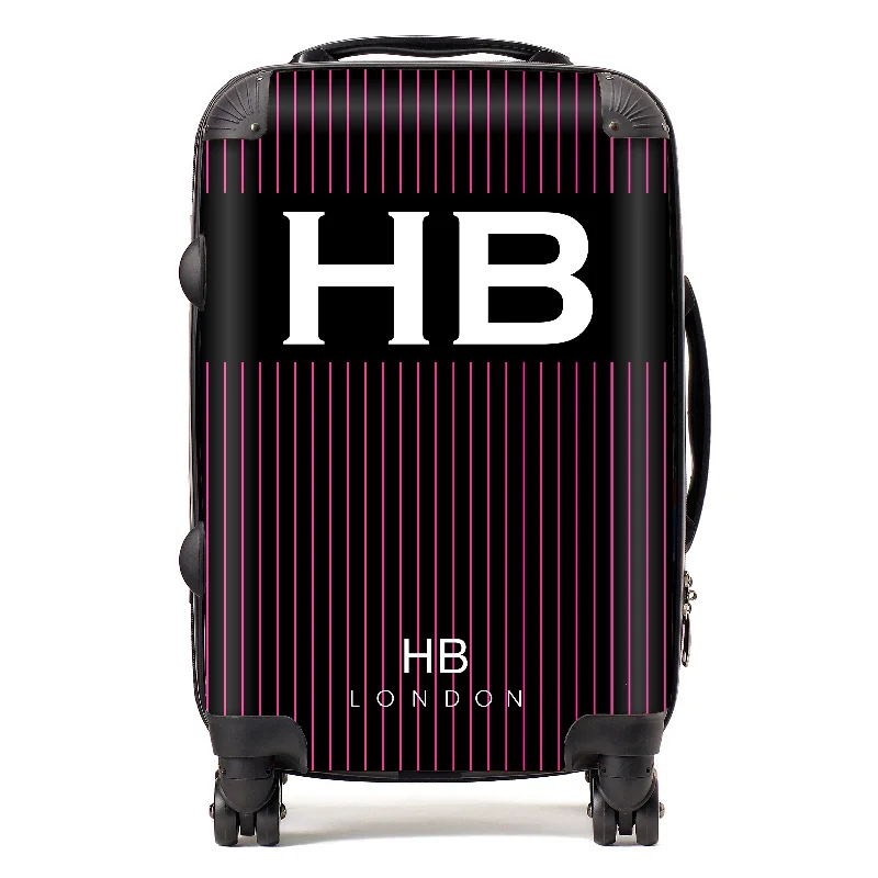 Suitcase for summer travel-Personalised Black and Hot Pink Pinstripe with White Font Initial Suitcase