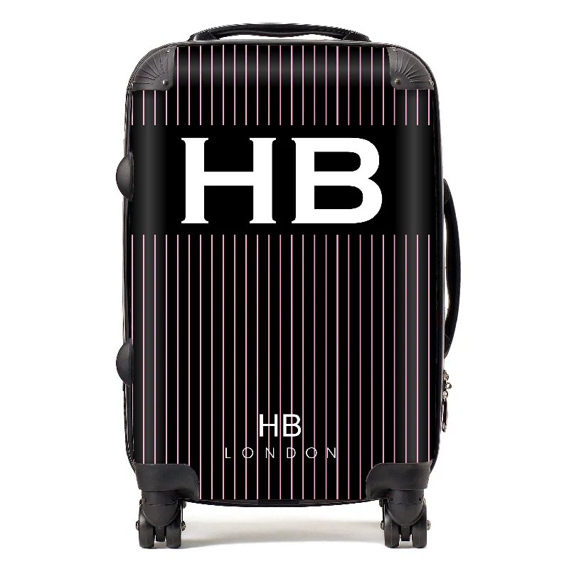 Suitcase for winter getaways-Personalised Black and Pink Pinstripe with White Font Initial Suitcase