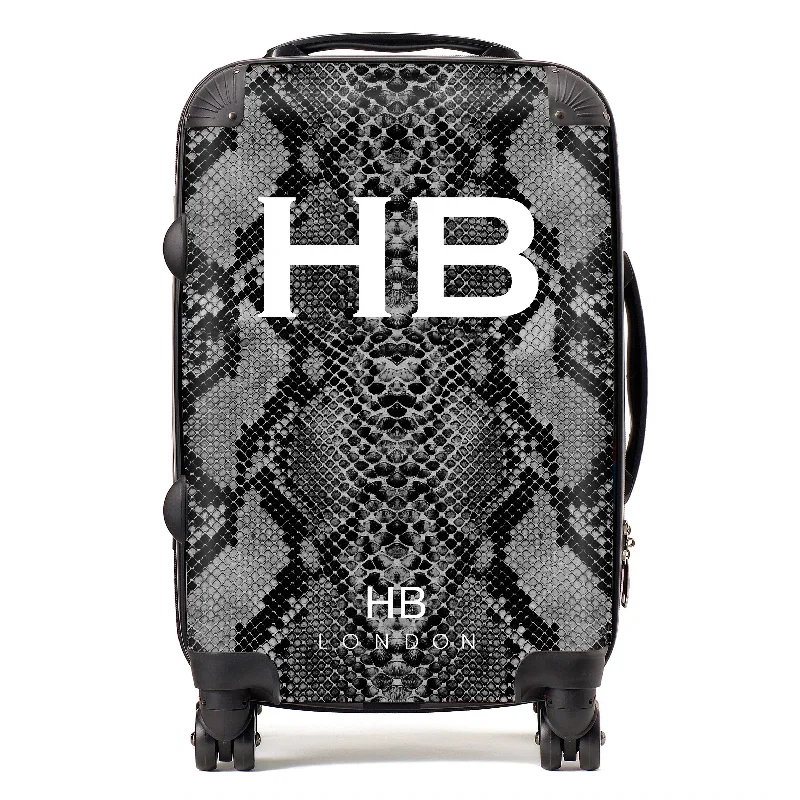 Suitcase with organizer pockets-Personalised Black Snake Skin Print with White Font Initial Suitcase