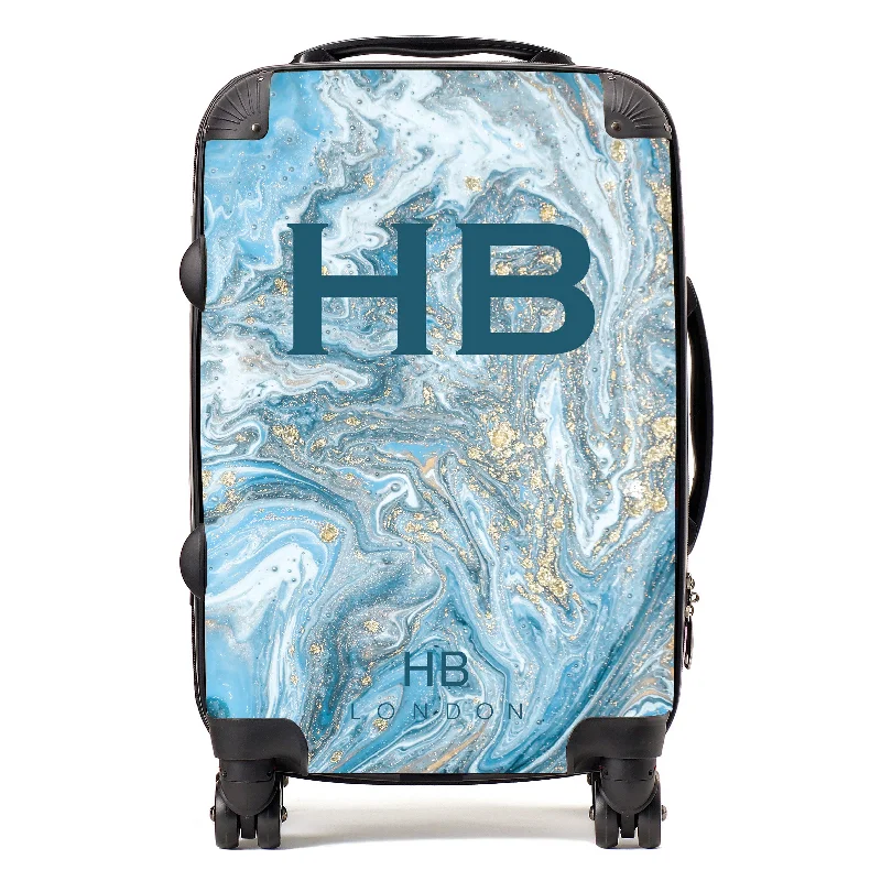 Suitcase with bold designs-Personalised Blue and Gold Marble with Blue Font Initial Suitcase