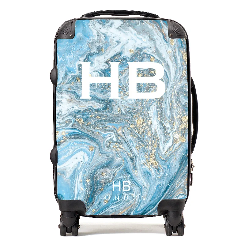 Suitcase with compact frame-Personalised Blue and Gold Marble with White Font Initial Suitcase