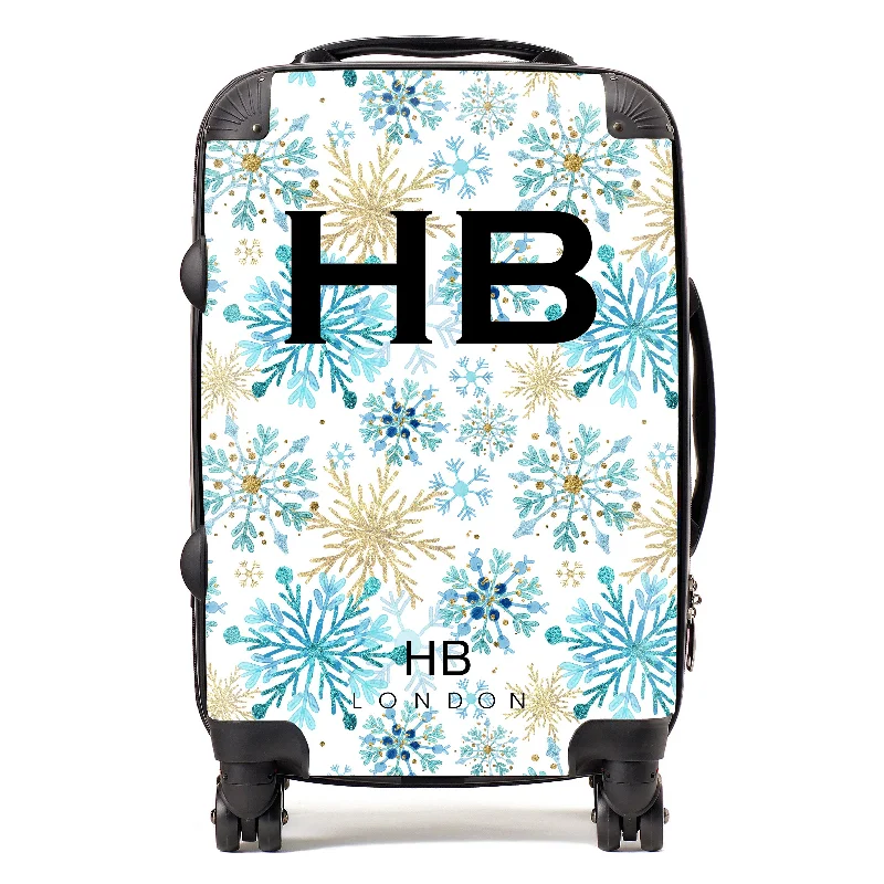 Suitcase with foldable design-Personalised Blue and Gold Snowflake with Black Font Initial Suitcase