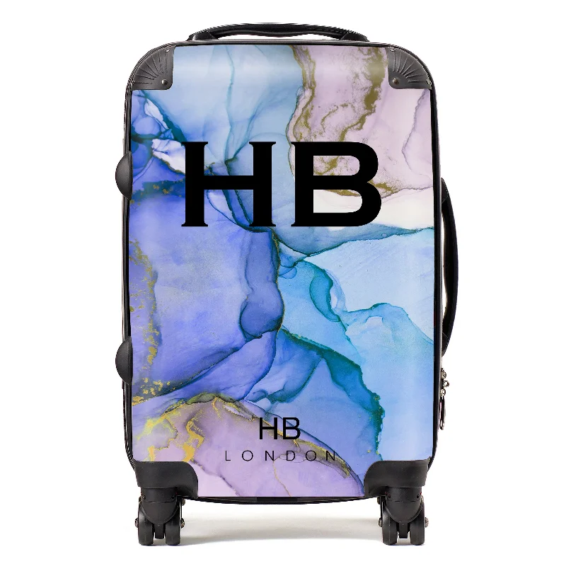 Suitcase with sleek logos-Personalised Blue and Purple Ink Marble with Black Font Initial Suitcase