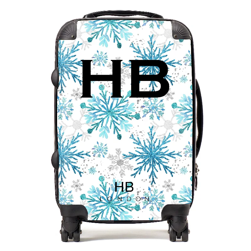 Suitcase for heavy loads-Personalised Blue and Silver Snowflake with Black Font Initial Suitcase