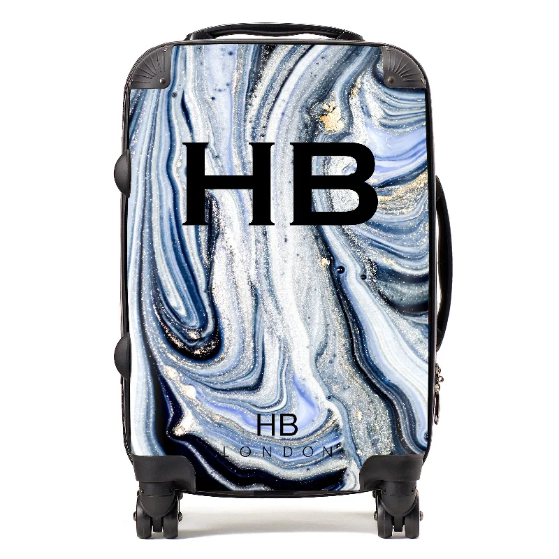 Suitcase with durable wheels-Personalised Blue and White Liquid Marble with Black Font Initial Suitcase