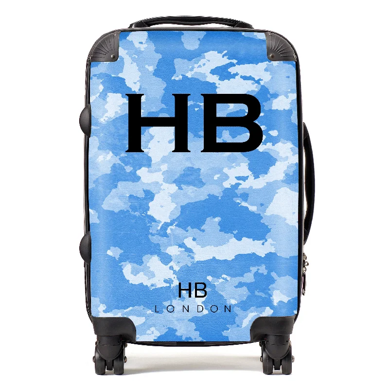 Suitcase for outdoor gear-Personalised Blue Camouflage with Black Font Initial Suitcase