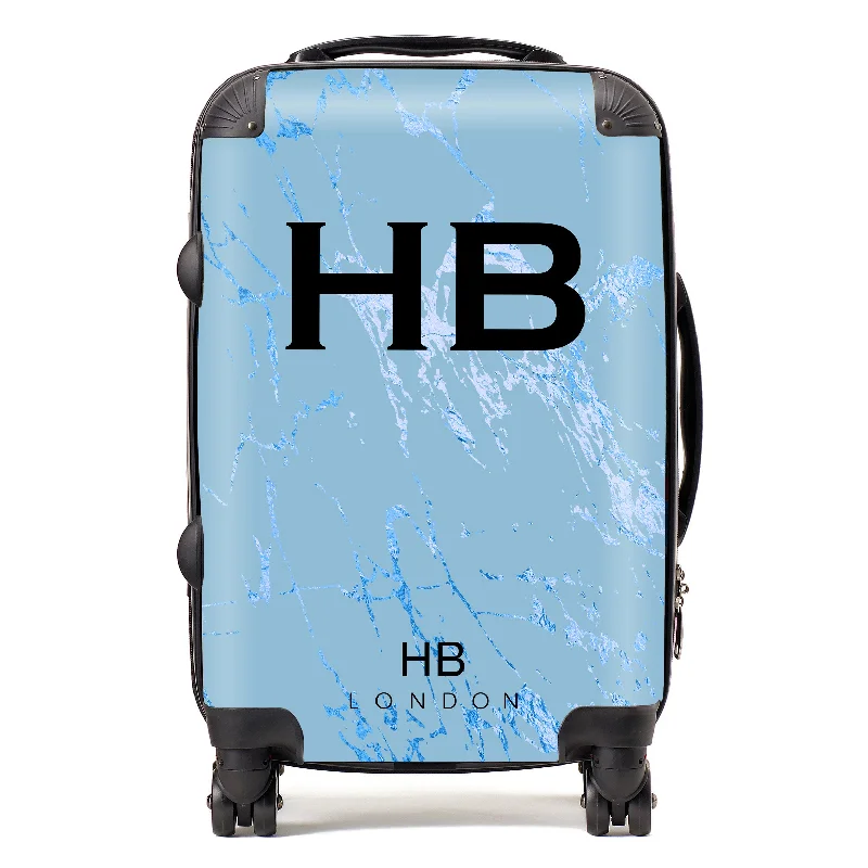 Suitcase with large zippers-Personalised Blue Foil Marble Initial Suitcase