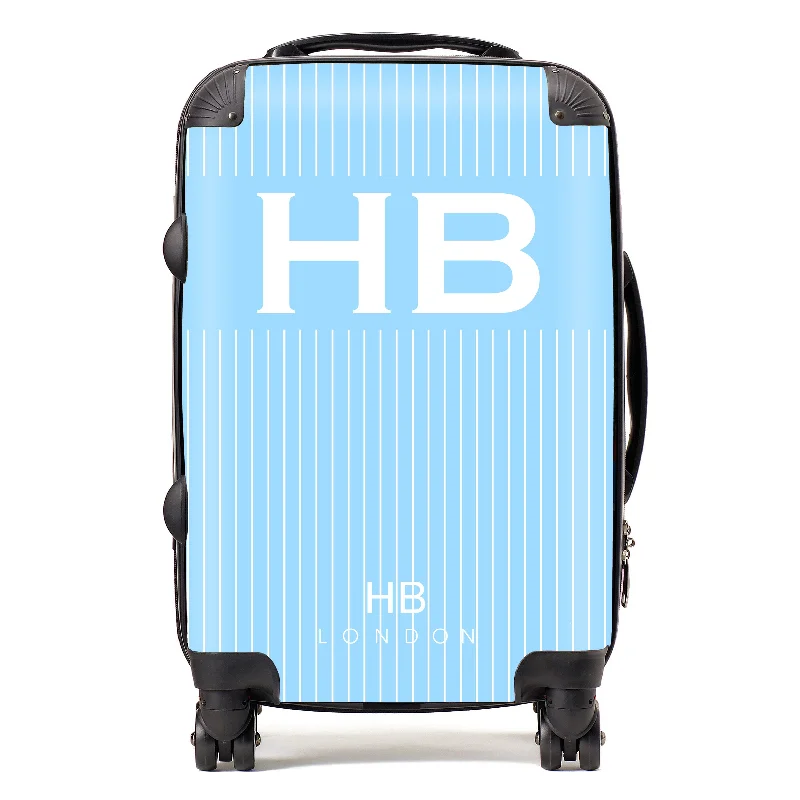 Suitcase for outdoor adventures-Personalised Blue Pinstripe with White Font Initial Suitcase