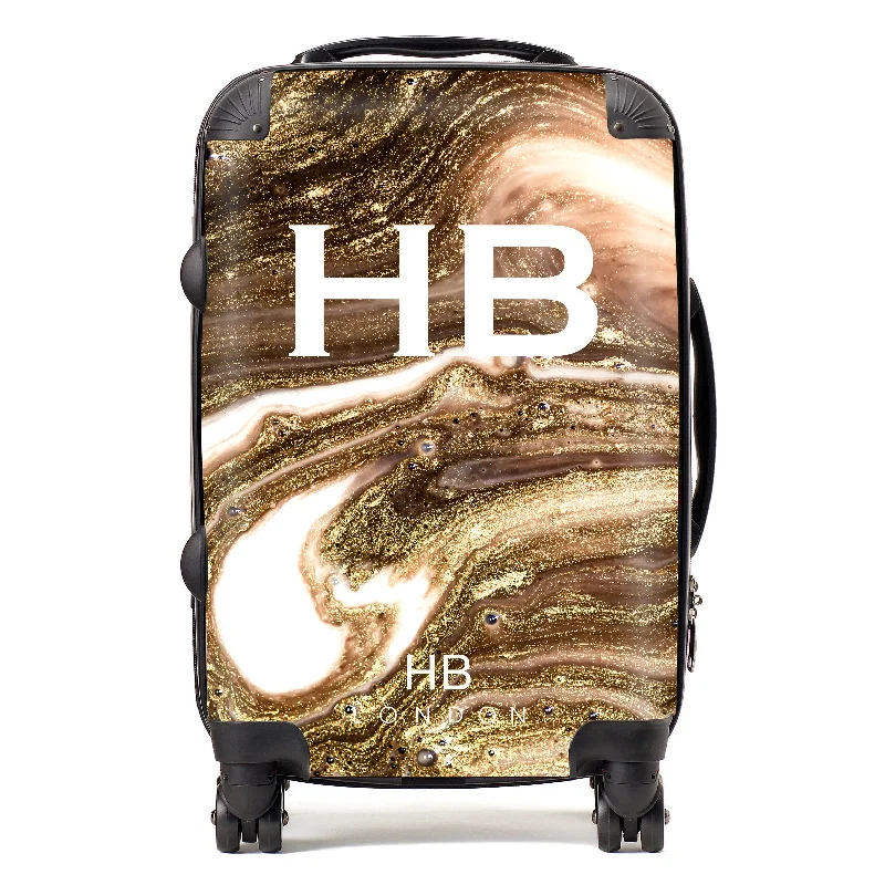 Suitcase with padded interior-Personalised Bronze Liquid Marble with White Font Initial Suitcase