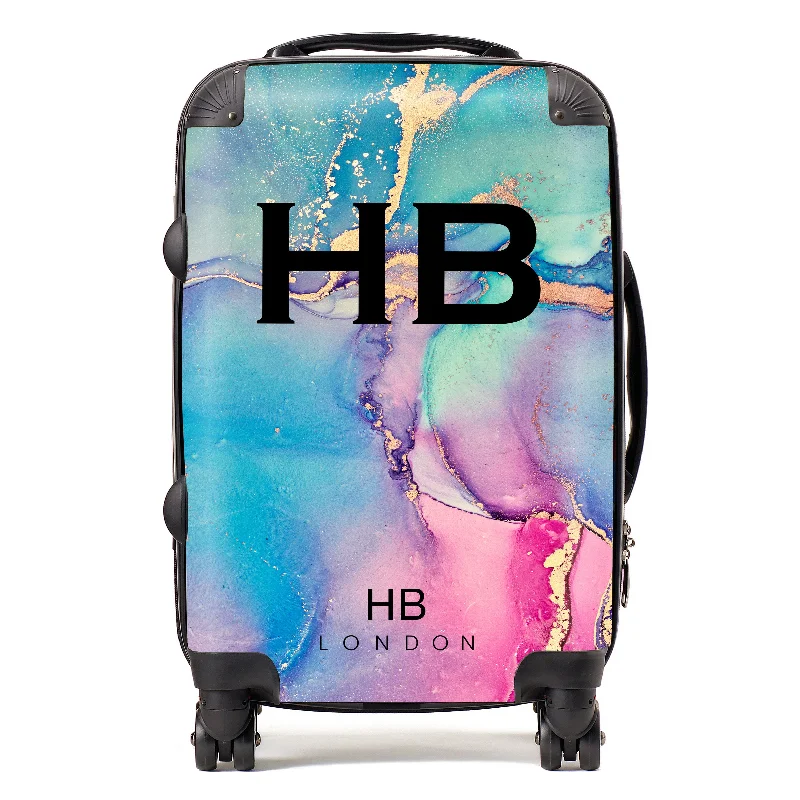 Suitcase with sleek handles-Personalised Cosmic Ink Marble with Black Font Initial Suitcase