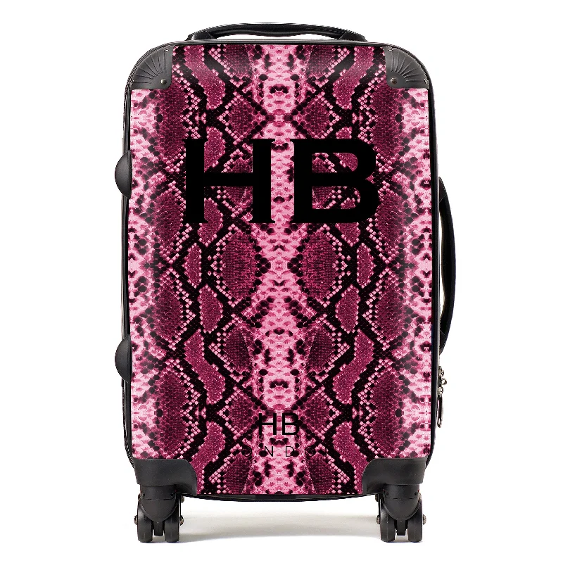 Suitcase for cold weather-Personalised Cranberry Snake Skin Print with Black Font Initial Suitcase