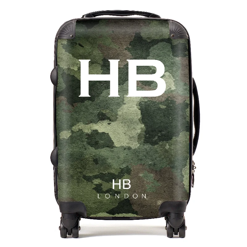 Suitcase with extra durability-Personalised Dark Green Camouflage with White Font Initial Suitcase