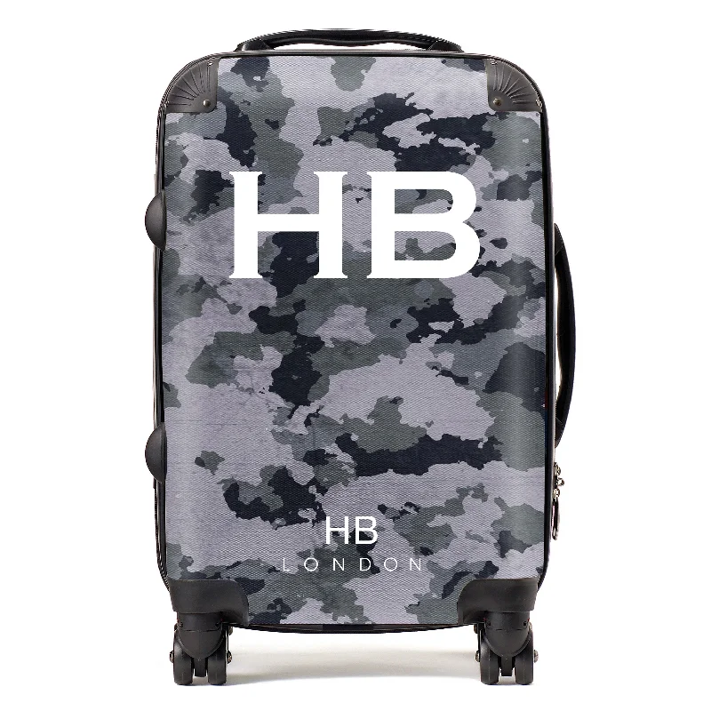 Suitcase with compact size-Personalised Dark Grey Camouflage with White Font Initial Suitcase