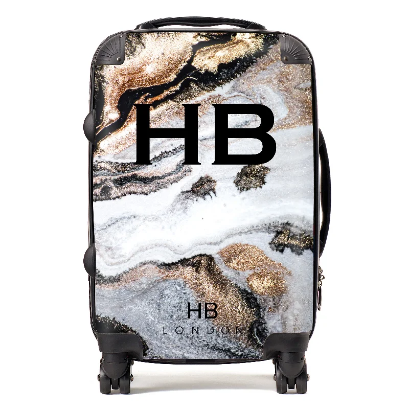 Suitcase for daily use-Personalised Golden Charcoal Liquid Marble with Black Font Initial Suitcase