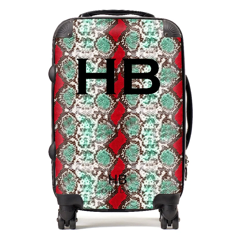 Suitcase for travel gear-Personalised Green and Red Snake Skin Print with Black Font Initial Suitcase