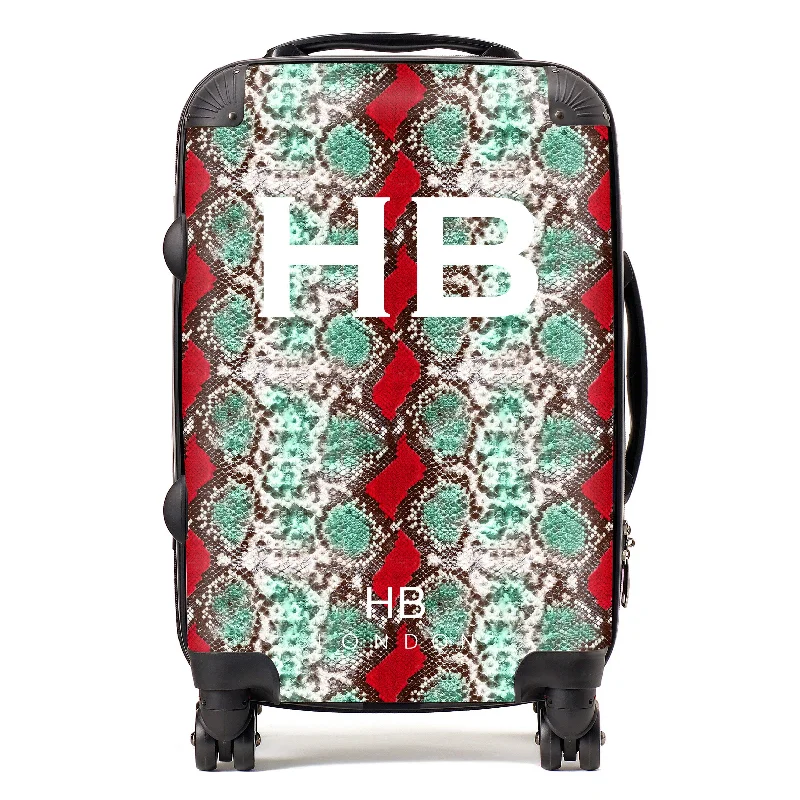 Suitcase with sturdy frame-Personalised Green and Red Snake Skin Print with White Font Initial Suitcase