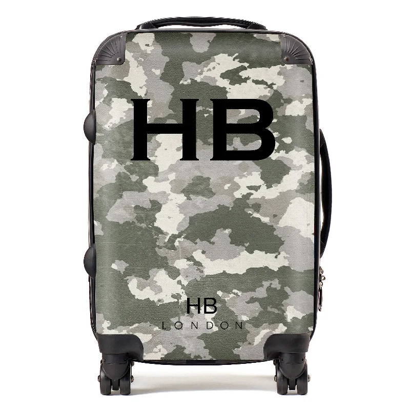 Suitcase with modern straps-Personalised Green Camouflage with Black Font Initial Suitcase