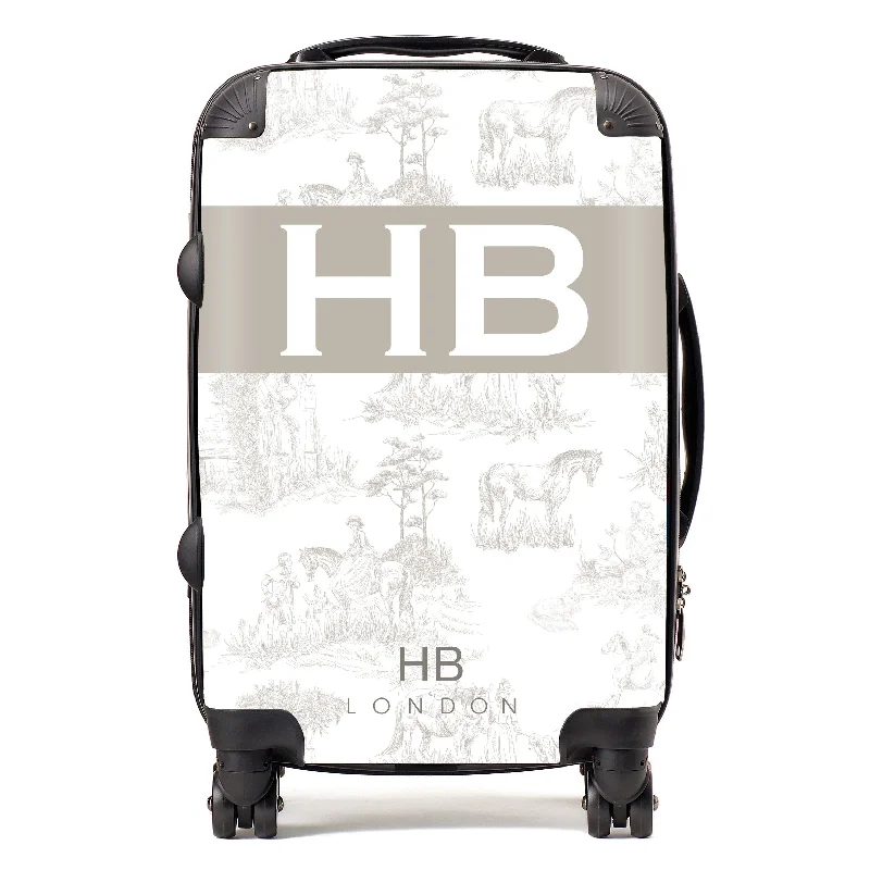 Suitcase for luxury trips-Personalised Greige French Toile with Original Font Initial Suitcase