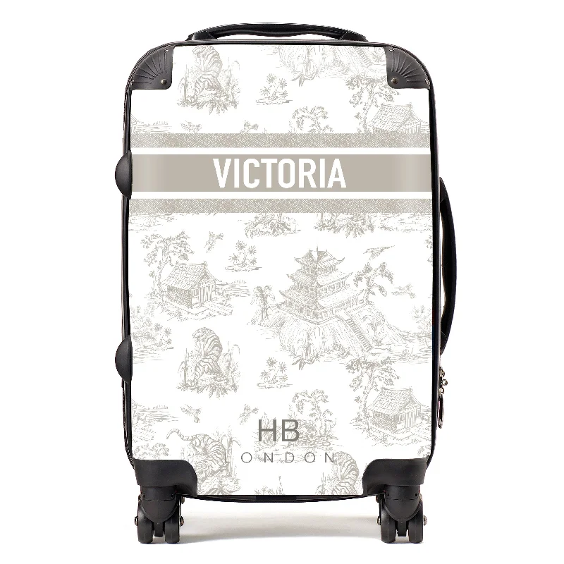 Suitcase with sleek designs-Personalised Greige Oriental Toile with Designer Font Initial Suitcase