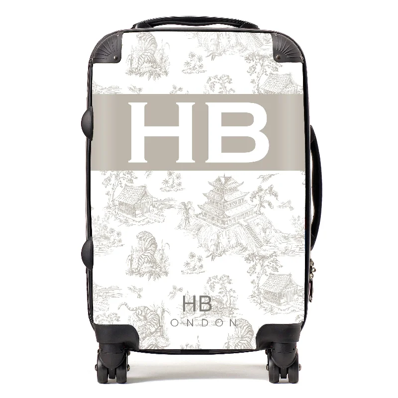 Suitcase for long-term travel-Personalised Greige Oriental Toile with Original Font Initial Suitcase