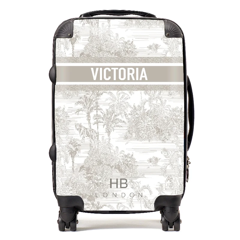 Suitcase for extended travel-Personalised Greige Tiger Toile with Designer Font Initial Suitcase