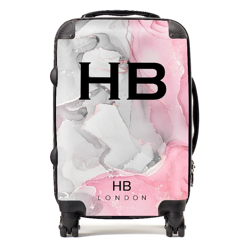 Suitcase with trendy logos-Personalised Grey and Pink Ink Marble with Black Font Initial Suitcase