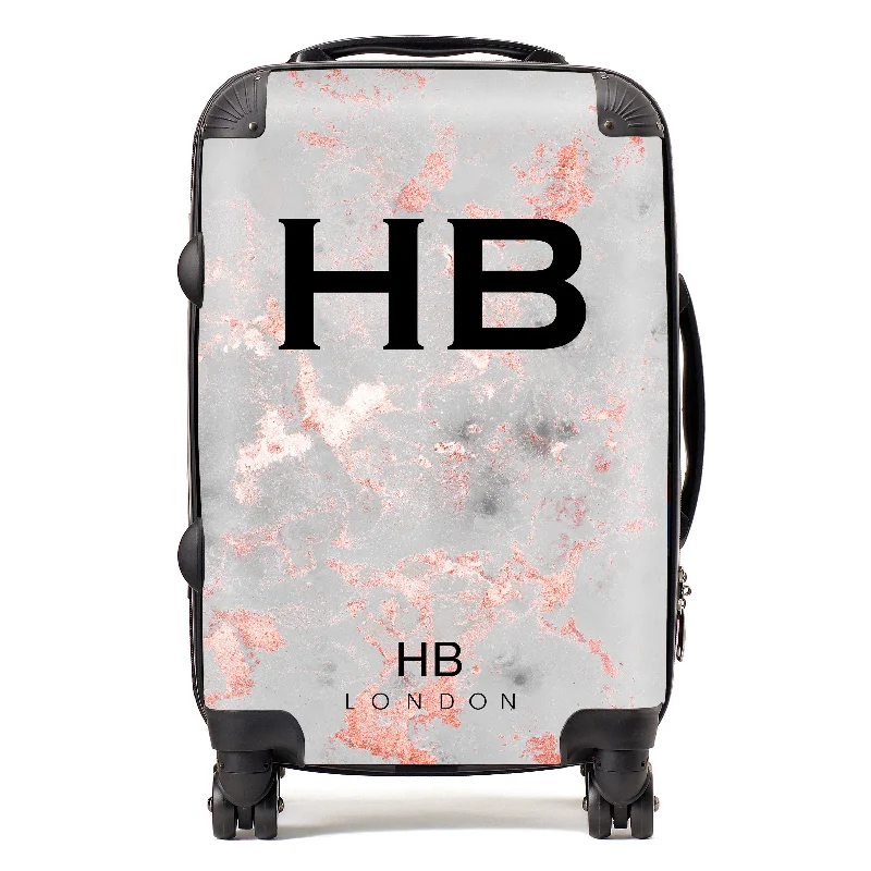 Suitcase with stylish handles-Personalised Grey and Rose Gold Foil Marble Initial Suitcase